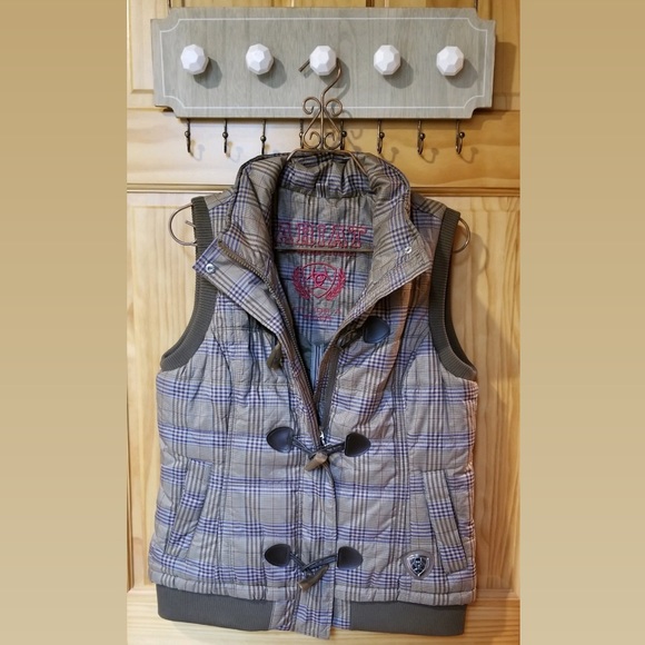 Ariat Brown Plaid Quilted Zip Up Vest - Picture 3 of 4